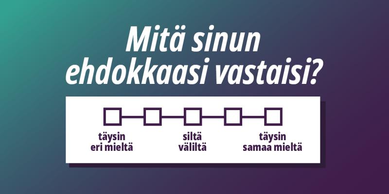 Mitä ehdokkaasi vastaisi? Kysymys ja vastausjana samaa mieltä - eri mieltä