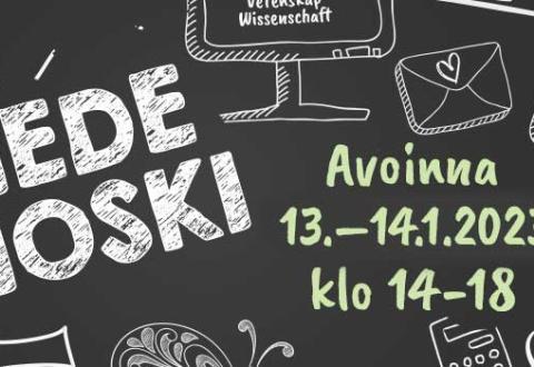 Kuvituskuvassa teksti: Tiedekioski, Avoinna 13.-14.1.2023 klo 14-18.