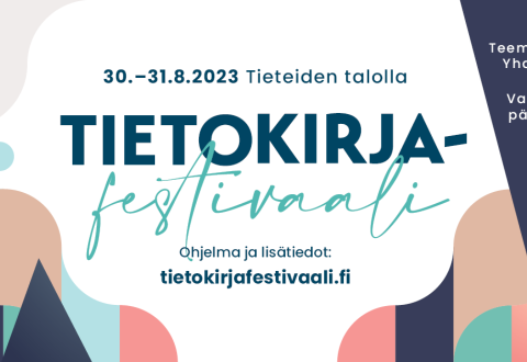 vihreäsävyinen teksti Tietokirjafestivaali valkoisella pohjalla, kuvan reunoilla tummansinisiä, vihreitä ja oransseja kuvioita