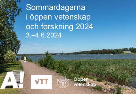 Illustrationsbilden för evenemanget visar en stig vid vattenkanten. Arrangörernas logotyper har lagts till tillsammans med texten: Öppen vetenskap och forskning sommardagarna 2024. 3–4.6.2024.