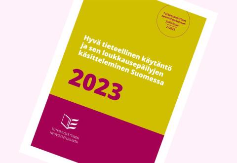 Kuvituskuvassa teksti: Hyvä tieteellinen käytäntö ja sen loukkausepäilyjen käsitteleminen Suomessa.