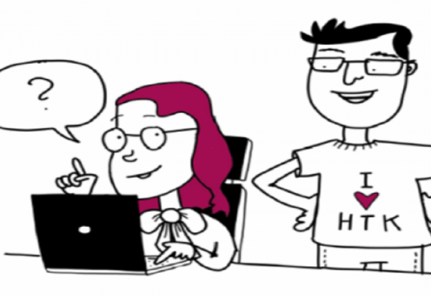 Piirroskuvassa kaksi henkilöä keskustelee tietokoneen ääressä.